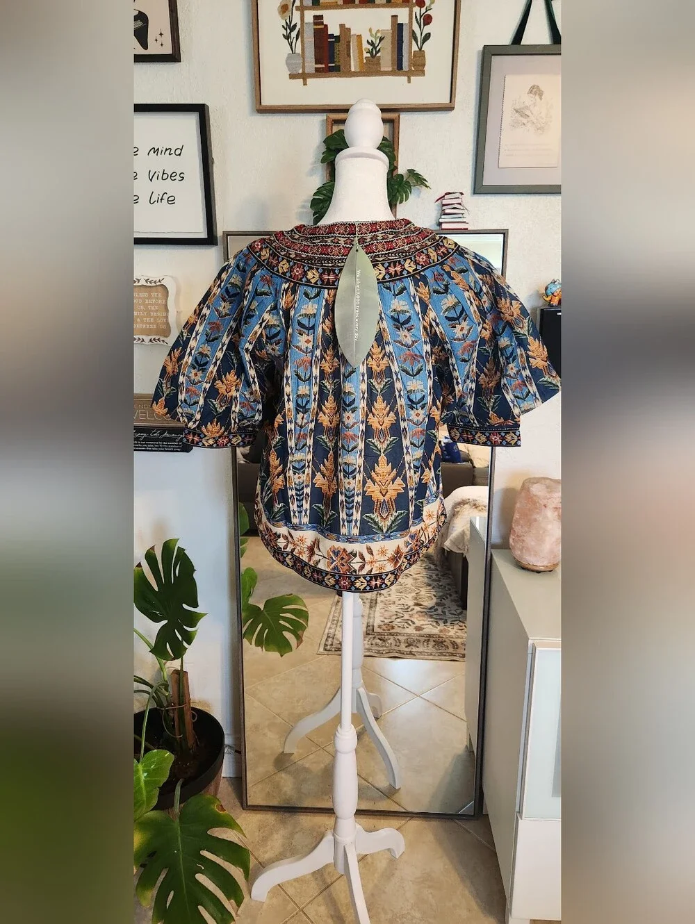 Farm Rio Blue Embroidered Tapestry Puff Sleeve Blouse